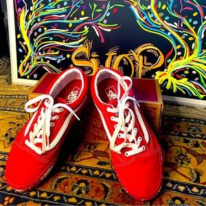 Comfortable minimum used worn vans. Red Classics with spray paint bottoms soles